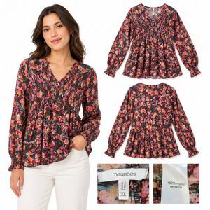Maurices XL Floral Smocked Peplum Blouse Long Sleeve Boho